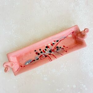 Vintage Handmade Studio Pottery Skinny Pink Ceramic Tray with Splatters